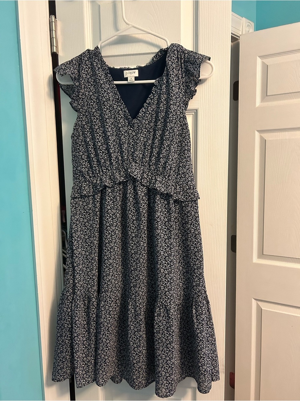 J. Crew Navy Micro-Print Tiered V-Neck Dress